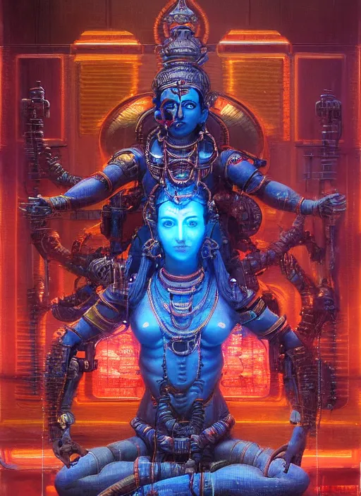 Prompt: cybertronic shiva statue in a hindu temple, neal asher sci - fi, cyberpunk, artstation, conceptual, hyperdetailed, donato giancola, james gurney, neon lights, mood lighting, rust