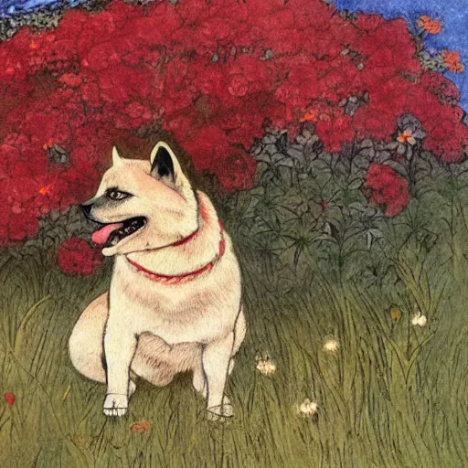 Prompt: a red akita inu wearing a kimono, in a field of flowers, painting in the style of warwick goble, highly detailed