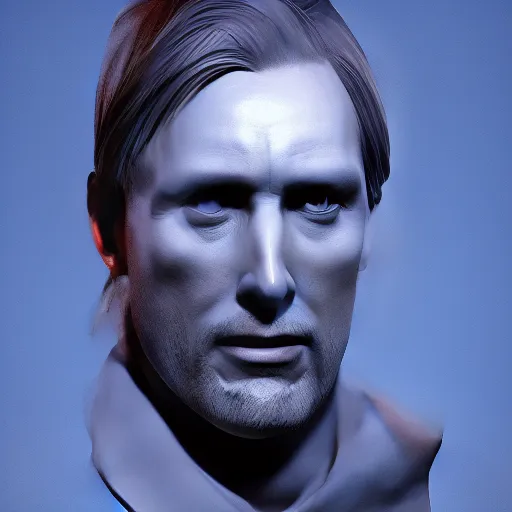Prompt: grayscale masterpiece zbrush sculpture of a realistic portrait of mads mikkelsen as a pirate, likeness, high quality, clay render, ambient occlusion, anatomy, human face