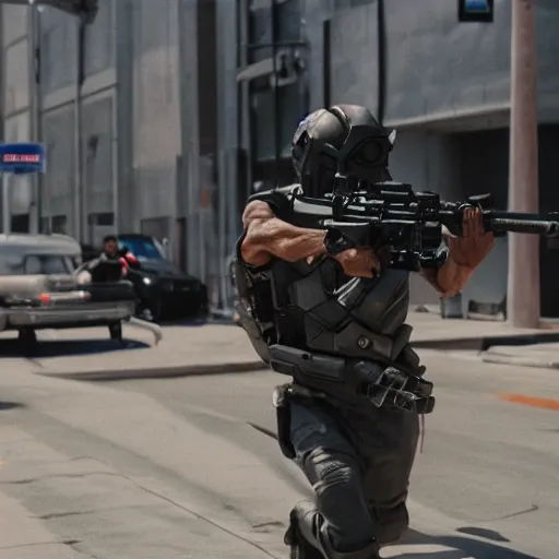 Image similar to film still of 'Los Angeles Future Squad 2050'. Epic action scene. Sigma 85mm f/8