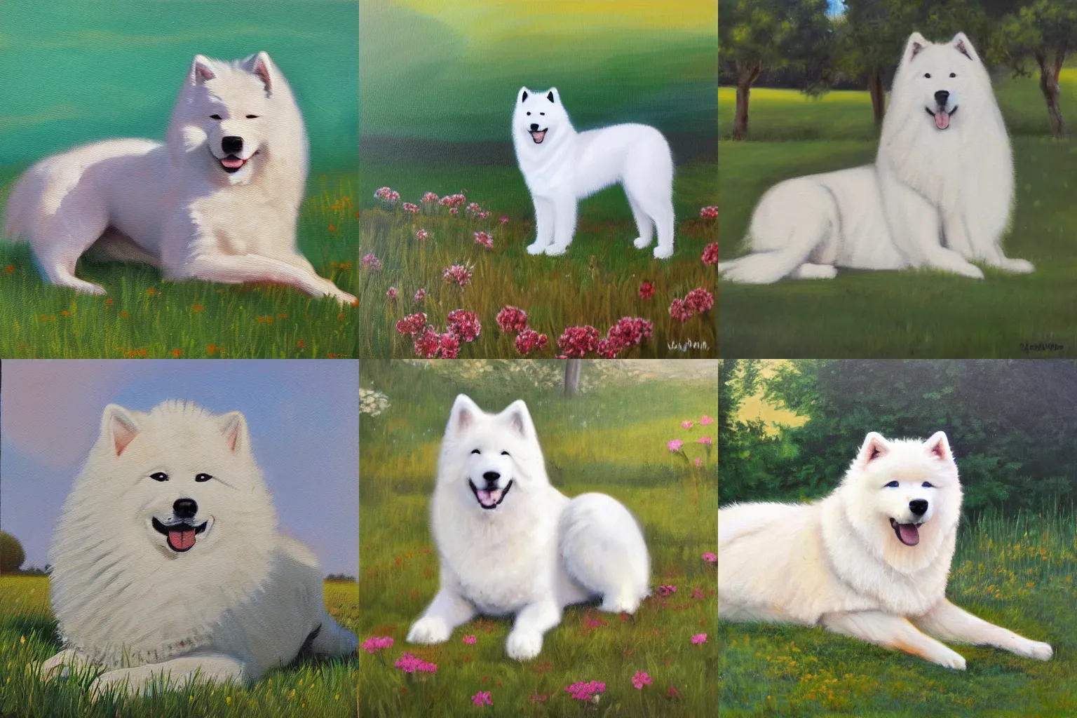 Prompt: a samoyed dog sitting in the middle of sunny meadow, oil painting