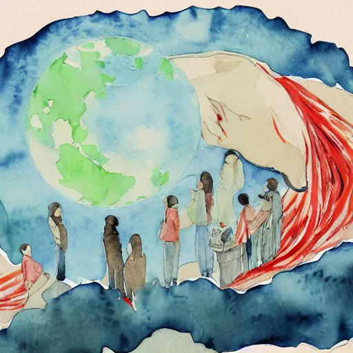 Image similar to our desperation, selfishness, and our effort to save the world and ourselves in the face of all this modernity stand before us like a lyrical blow of wind, watercolor and pen illustration, by caroline choi