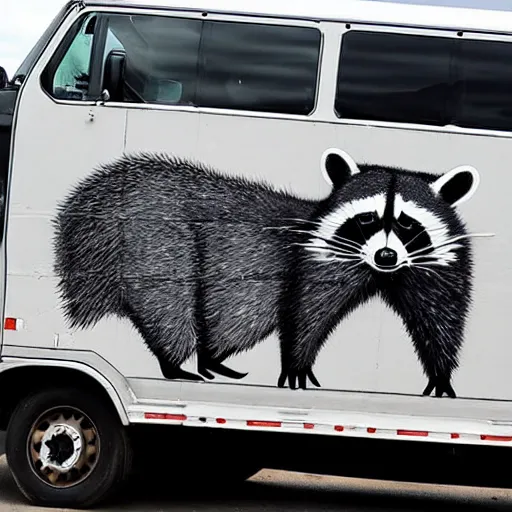 Prompt: raccoon graffiti on back of truck,