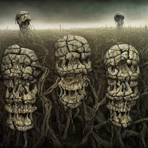 Prompt: a hyperrealistic painting of a psychedelic landscape, structures made of human skulls, by anton semenov and santiago caruso, highly detailed, vivid color,