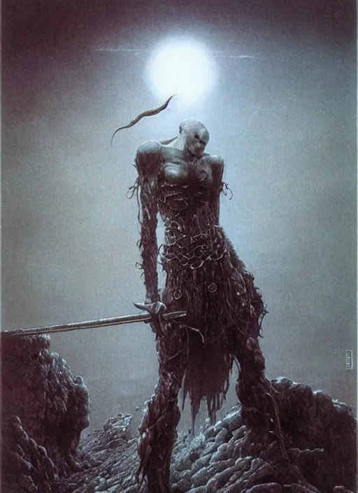 Prompt: bald barbarian teen girl by Beksinski and Luis Royo