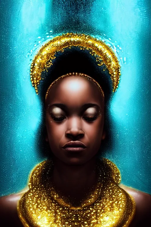 Image similar to hyperrealistic post - futurist cinematic profile very expressive! black oshun goddess, in water! up to shoulders, mirror dripping droplet!, gold flowers, highly detailed face, digital art masterpiece, smooth eric zener cam de leon, dramatic pearlescent turquoise light on one side, low angle uhd 8 k, shallow depth of field