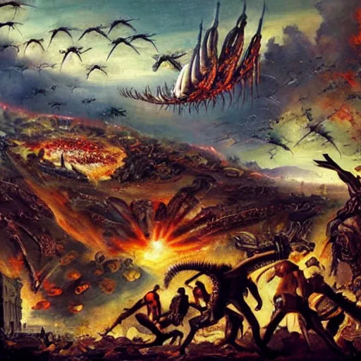 Image similar to alien invasion, fall of rome, epic painting