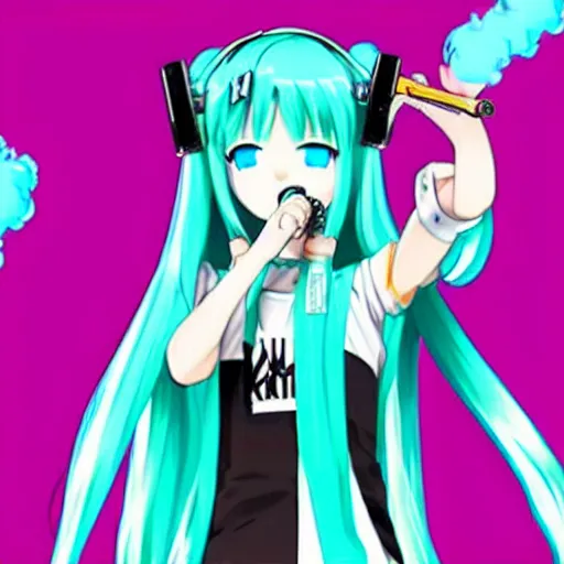 Prompt: hatsune miku high on weed with bloodshot eyes smoking with a vape pen.