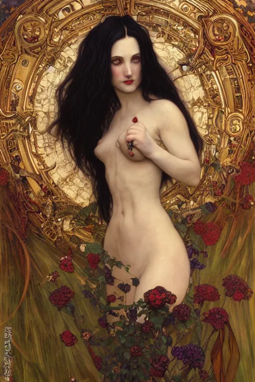 Image similar to masterpiece painting of ephemeral vampire raven haired girl by donato giancola, darius zawadzki and tom bagshaw, face by artgerm and edmund leighton, alphonse mucha, background by james jean and gustav klimt, 8 k, horror, dark color palette, volumetric lighting, porcelain skin, french nouveau, trending on pixiv