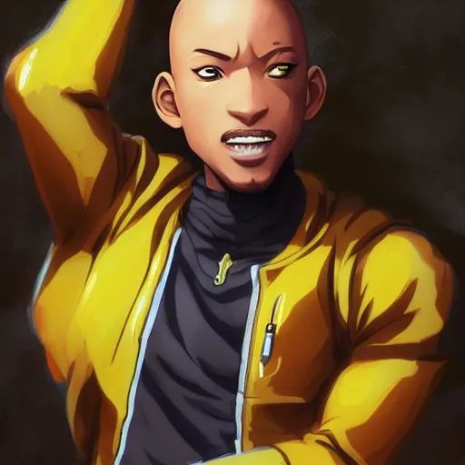 Image similar to anime portrait of an anime Will Smith dressed like One Punch Man by Stanley Artgerm Lau, WLOP, Rossdraws, James Jean, Andrei Riabovitchev, Marc Simonetti, and Sakimichan, trending on artstation