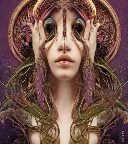 Image similar to detailed realistic beautiful young groovypunk queen of andromeda galaxy in full regal attire. face portrait. art nouveau, symbolist, visionary, baroque, giant fractal details. horizontal symmetry by zdzisław beksinski, iris van herpen, raymond swanland and alphonse mucha. highly detailed, hyper - real, beautiful