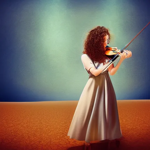 Prompt: curly haired girl wearing dress playing the violin in desert, digital art, ultra realistic, illustration