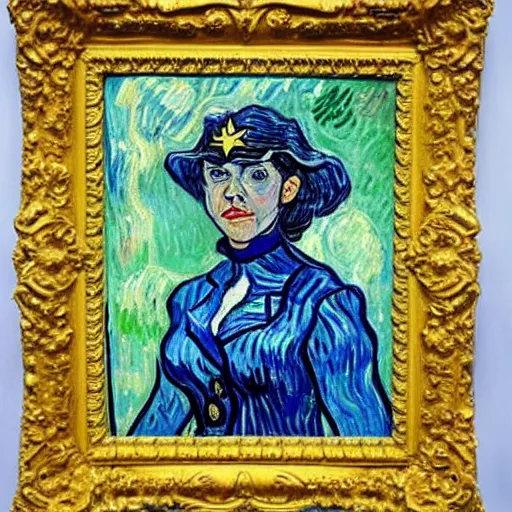 Image similar to Portrait painting of modern Vincent Van Gogh but in a Wonder Woman costume cosplaying as Gal Godot Wonder Woman Superhero by Claude Monet, original Post Impressionist art