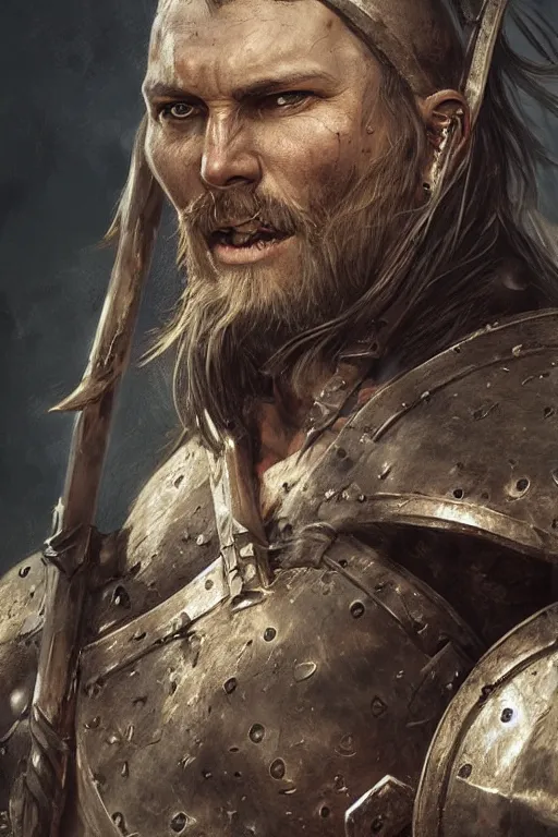 Prompt: skeletal viking warrior in the middle of battle, highly detailed, close - up portrait, artstation, art by artgerm and greg rutkowski,