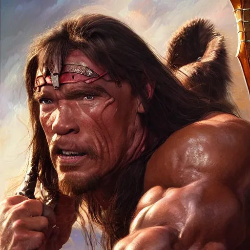 Image similar to Conan the Barbarian played by Arnold Schwarzenegger, 4k oil on linen by wlop, artgerm, andrei riabovitchev, nuri iyem, james gurney, james jean, greg rutkowski, highly detailed, soft lighting 8k resolution