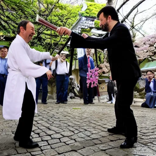 Image similar to matteo salvini and enrico letta katana duel in a shinto shrine while sakura petals are falling