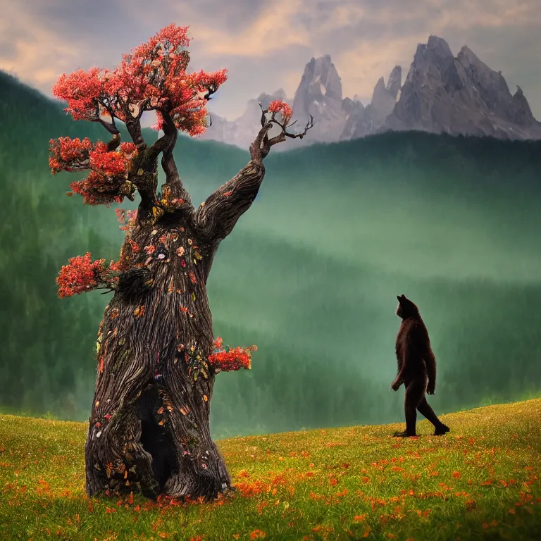 Prompt: a beautiful awesome artistic tree bear walks next to a tree, tree with falling flowers like leaves and many birds, all in the amazing outdoors view, mountain in the background, lake, long exposure, 8 k resolution, trending on artstation