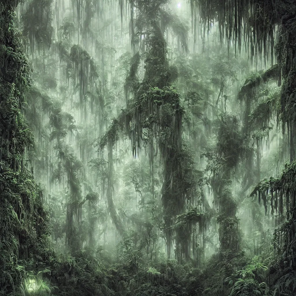 Image similar to a dark enchanted rainforest jungle at night, upward cinematic angle, thick mist, by rodney matthews, michael kaluta, bernie wrightston, and stephen gammell, ghostly low light, stunning composition, intricate, elegant, digital art, hyperdetailed, full color mixed media painting, hyperrealistic, sharp focus, 8k