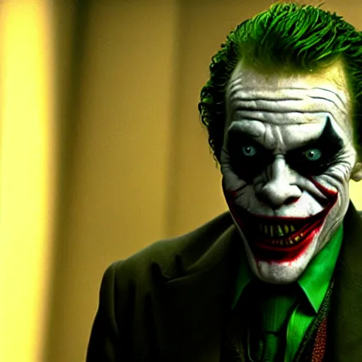 Image similar to film still of Willem Dafoe playing The Joker in The Dark Knight, 4k