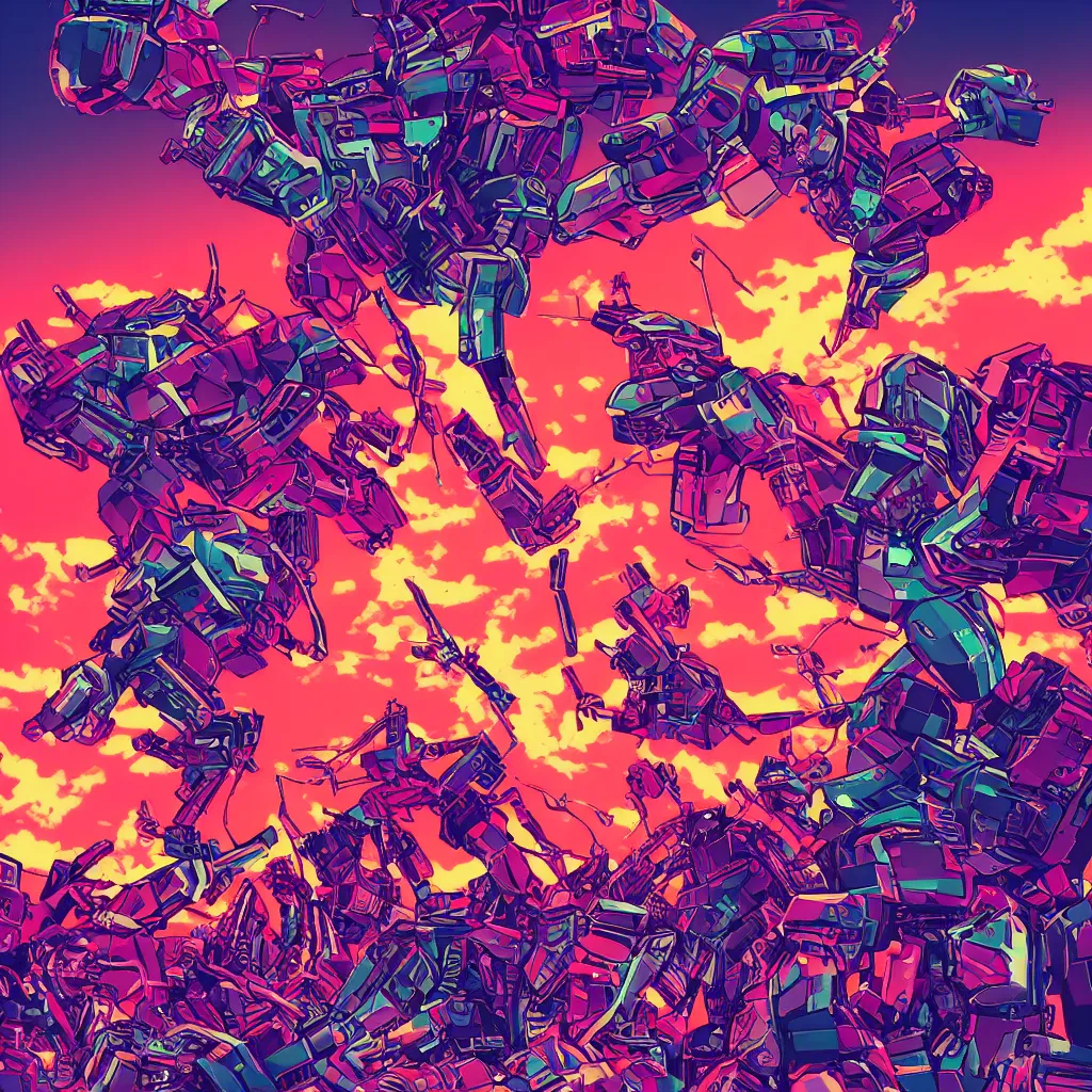 Prompt: synthwave jesus slam dunking on a crowd of mecha slugs, digital art, hypecore