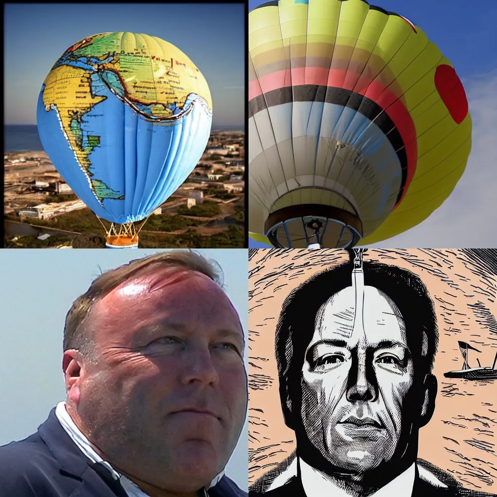 Prompt: Alex Jones' head as a hot air balloon floating over the ocean,