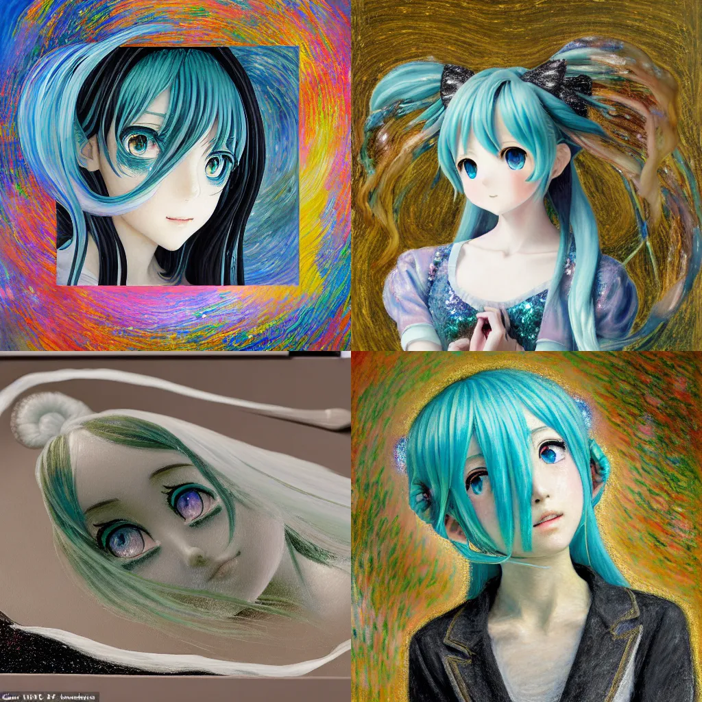 Prompt: A delicate, soft and highly detailed painting of Hatsune Miku with sparkly anime eyes, chiaroscuro, masterpiece painted by Claude monet, post-impressionism, thick impasto technique, paint-on-glass painting, pastel oil inks, very ethereal, vantablack chiaroscuro, paint-on-glass painting, oil inks, very ethereal, silver light, nacre colors