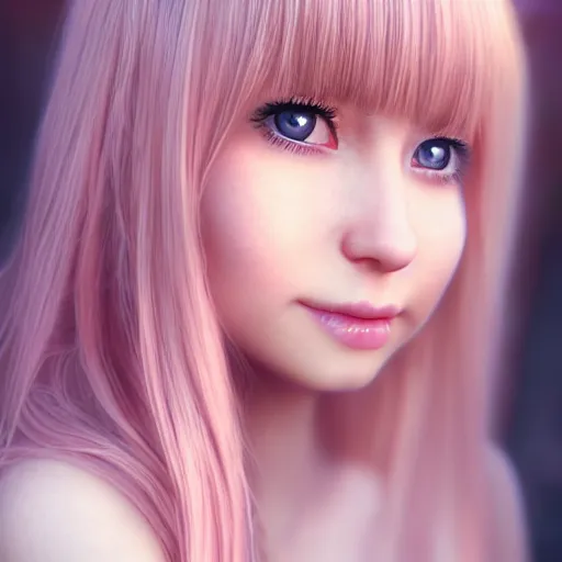 Prompt: beautiful intricate photograph of nikki from shining nikki dress - up game, a cute young woman, light pink hair, long hair with full bangs, full heart - shaped face, amber eye color, pale skin, light blush, chinese heritage,, smiling softly, golden hour, soft focus, 8 k, hyperrealism, hyperdetailed