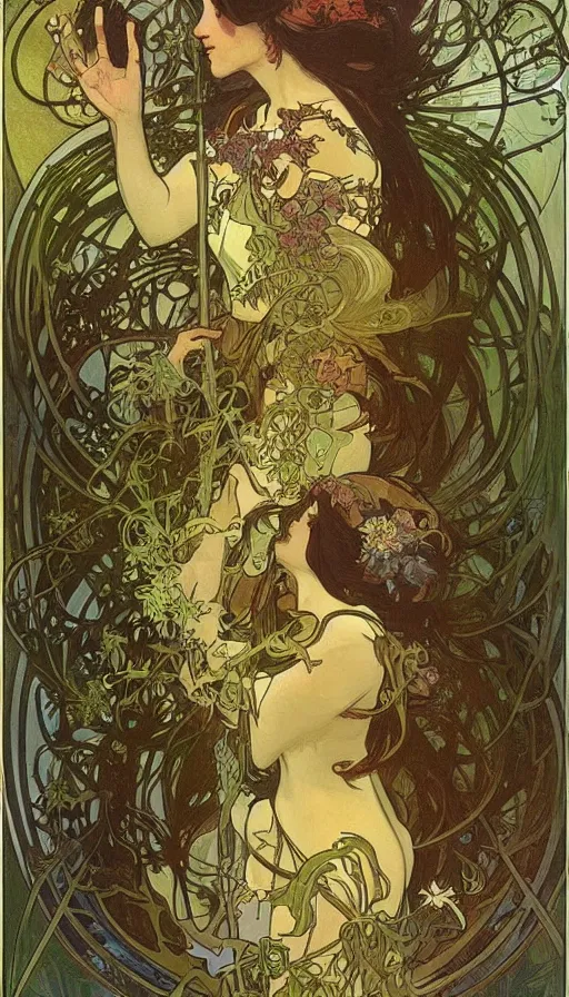 Image similar to concept art, lush forest, magic, gnarly details, gold, gems, dramatic lighting, denoised, painted by alphonse mucha