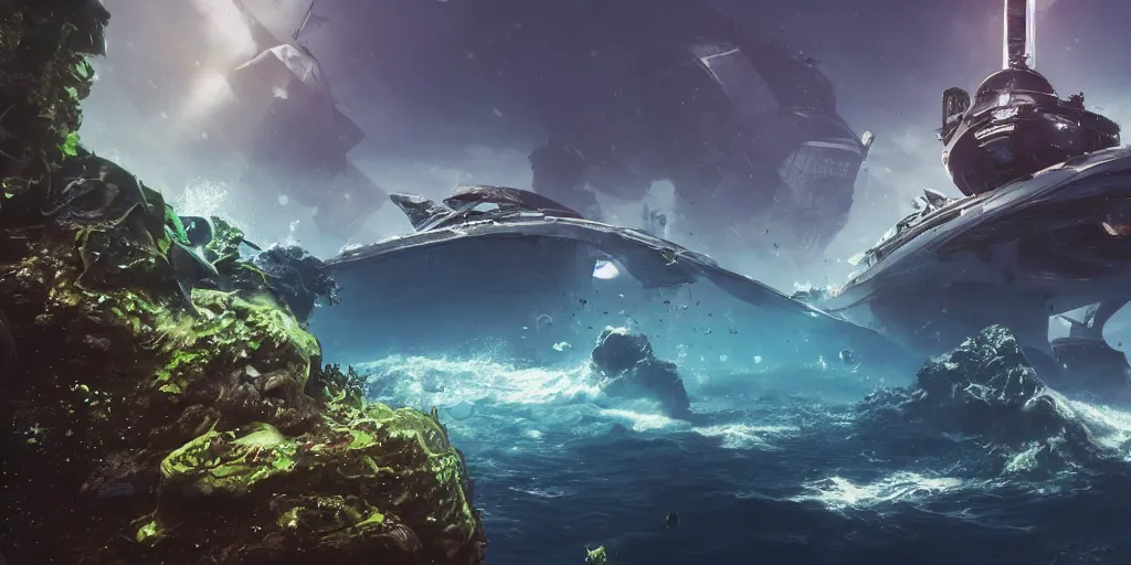 Image similar to underwater enviroment with a crashed alien ship in the background , unreal 5, hyperrealistic, realistic, photorealistic, dynamic lighting, highly detailed, cinematic landscape, studio landscape, studio lighting