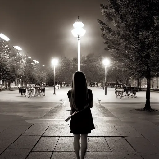 Image similar to a girl reading book, hair flowing down, city park, street lights, contrast, dramatic, by Noel Coypel