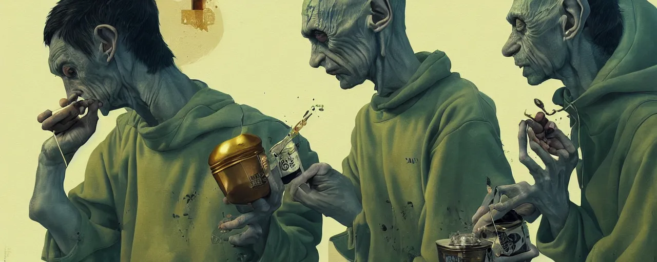 Image similar to duotone olive illustration 3 / 4 portrait of gollum drinking yerba mate from silver metal cup symmetrical composition accidental renaissance golden ratio. by sachin teng and sergey kolesov and ruan jia and heng z. graffiti art, scifi, fantasy, hyper detailed. octane render. concept art. trending on artstation