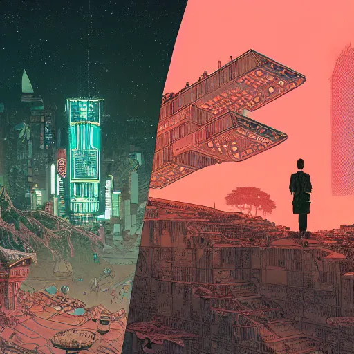 Image similar to Stunningly intricate illustration of a cyberpunk explorer meditating next to a floating triangular glowing monolith, highly detailed, midnight, by Victo Ngai and James Gilleard , Moebius, Laurie Greasley