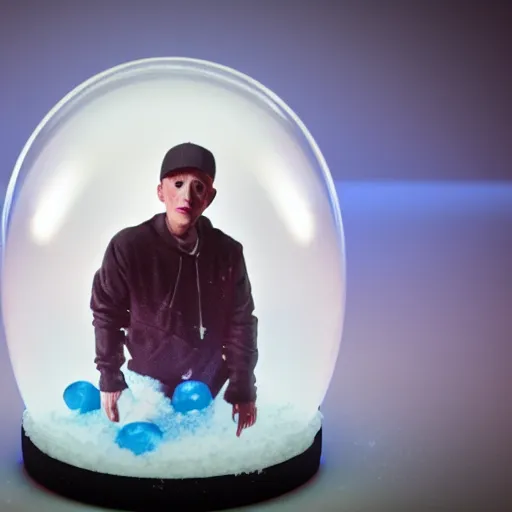 Image similar to eminem trapped inside of a snow globe, trending on artstation, 5 0 mm camera