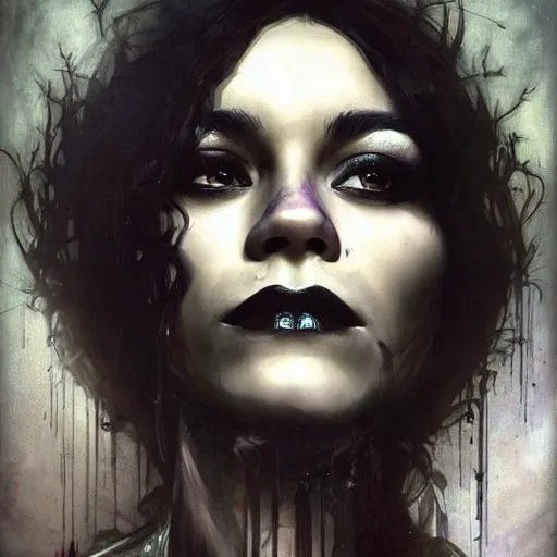 Image similar to beautiful portrait of vanessa hudgens as death from sandman, smiling, by cedric peyravernay, alphonse mucha, by jeremy mann, by lecouffe deharme, goth chic, soft lightning, eyeliner, punk rock, high detailed, 8 k