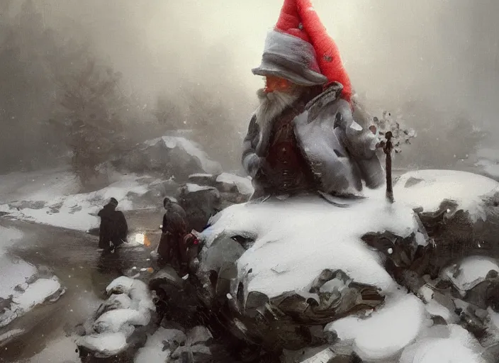 Image similar to oil painting, snow blizzard, nordic gnome with gray clothes, pointy top hat, high detailed art by anders zorn, wonderful masterpiece by greg rutkowski, beautiful cinematic light, american romanticism by greg manchess, creation by tyler edlin