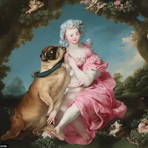 Image similar to pugs heaven on pink clouds adopts the language of Rococo, reimagining the dynamism of works by eighteenth-century artists such as Giovanni Battista Tiepolo, François Boucher, Nicolas Lancret and Jean-Antoine Watteau through a filter of contemporary cultural references including film, food and consumerism