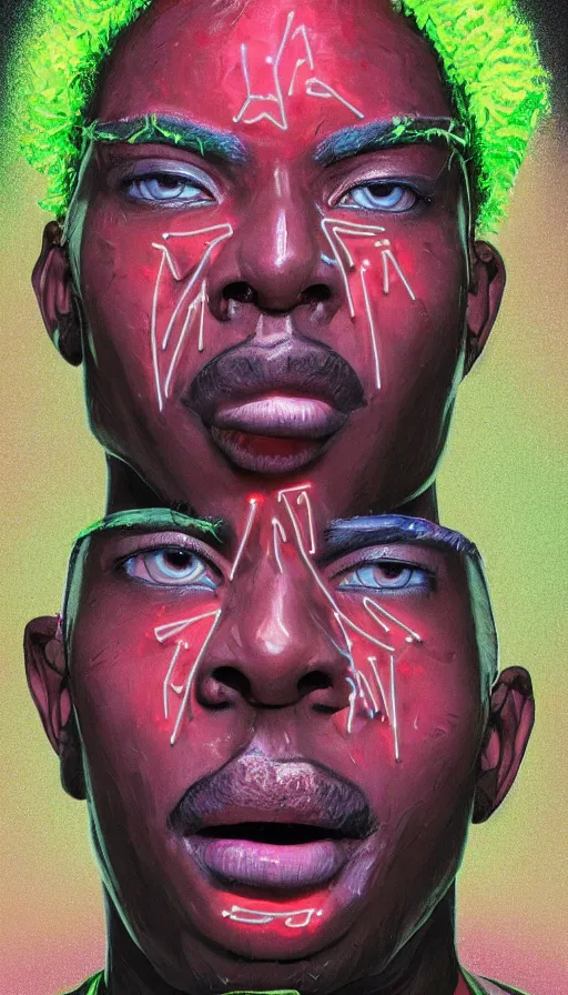 Image similar to detailed full body illustration of an African male with face augmentations, strong neon lighting, Afrofuturism, extravagant feathered collar, by glenn fabry, hyper realistic, HD, oil on canvas