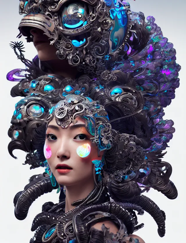 Image similar to 3 d goddess cyborg close - up profile portrait with ram skull. beautiful intricately detailed japanese crow kitsune mask and clasical japanese kimono. betta fish, jellyfish phoenix, bio luminescent, plasma, ice, water, wind, creature, artwork by tooth wu and wlop and beeple and greg rutkowski