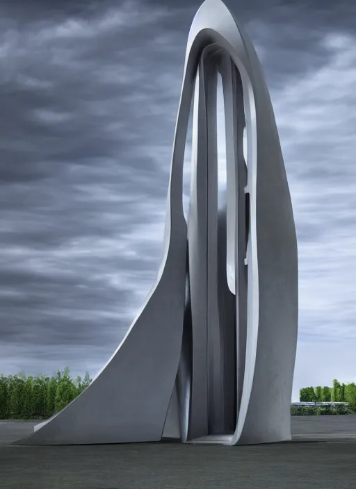 Prompt: highly detailed realistic architecture 3 d render of a futuristic stele monument in zaha hadid style standing in city park, archdaily, made in unreal engine 4 octane render