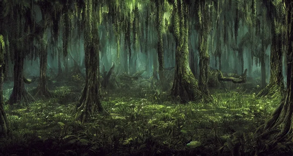 Image similar to A dense and dark enchanted forest with a swamp, from Warcraft