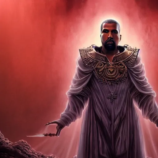 Image similar to Portrait of Kanye West as the god-emperor of mankind, amazing splashscreen artwork, splash art, natural light, elegant, intricate, fantasy, atmospheric lighting, cinematic, matte painting