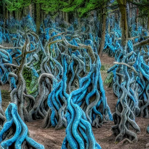 Prompt: a forest of trees made out of stone, blue tentacles