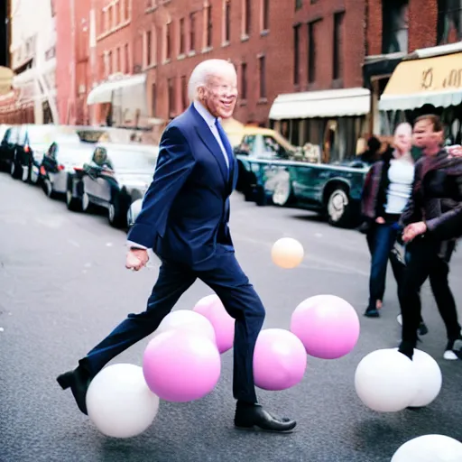 Prompt: joe biden carrying 1 0 0 bouncy balls, fashion photography, vogue street fashion tribeca, vsco photo, high definition