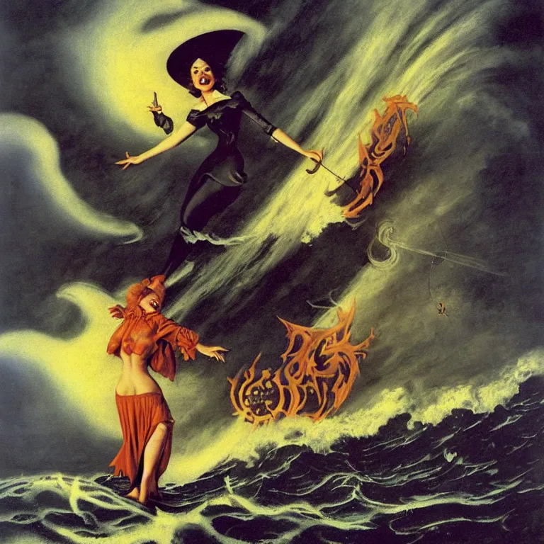 Image similar to a pirate witch summoning a giant wave by remedios varo and art frahm and earl moran and fritz willis and gil elvgren