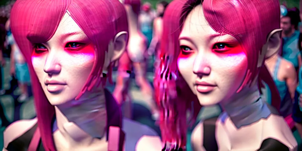 Image similar to Photorealistic people at love parade by KDA and Sam Yang, trending on artstation