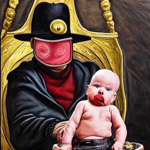 Image similar to hyper realistic painting of a handsome man symmetrical, sitting in a gilded throne, tubes coming out of the man's arm, getting a blood transfusion from a baby. plague doctor in the background created by mike allred