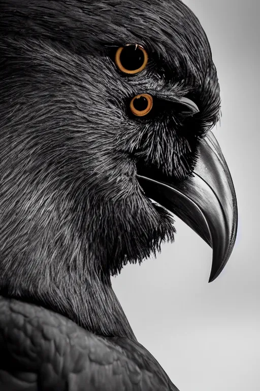 Image similar to a profile shot of a man with the head of a crow, 8k, hyperrealism, cinematic lighting