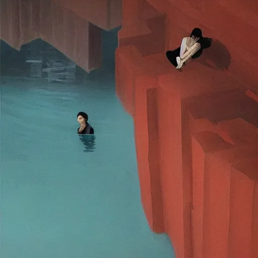 Prompt: A beautiful painting. Every conversation between friends or lovers creates its own easy or awkward rhythms, hidden talk that runs like a subterranean river under even the most banal exchange. isometric, aqua, warm red by Li Wei control the soul, rendering