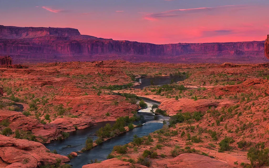 Image similar to “a river bend running through a canyon surrounded by desert mountains at sunset, moab, utah, a tilt shift photo by Frederic Church, trending on unsplash, hudson river school, photo taken with provia, national geographic photo”