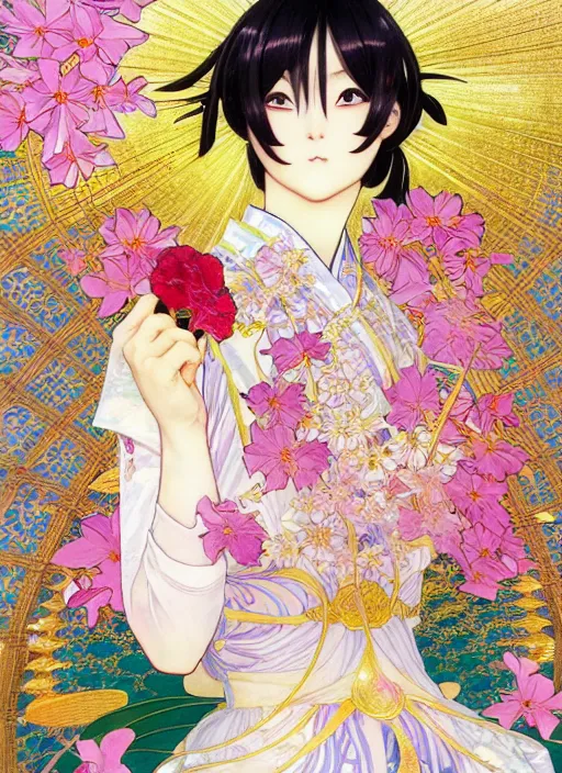 Image similar to exquisite imaginative manga poster art of genshin impact, flowers, pearlescent, shimmering, reflective, rim light, detailed background, by kojima ayami, shigenori soejima, minaba hideo, alphonse mucha, art nouveau, illustration, artstation, concept art, highly detailed, colorful, maximalist